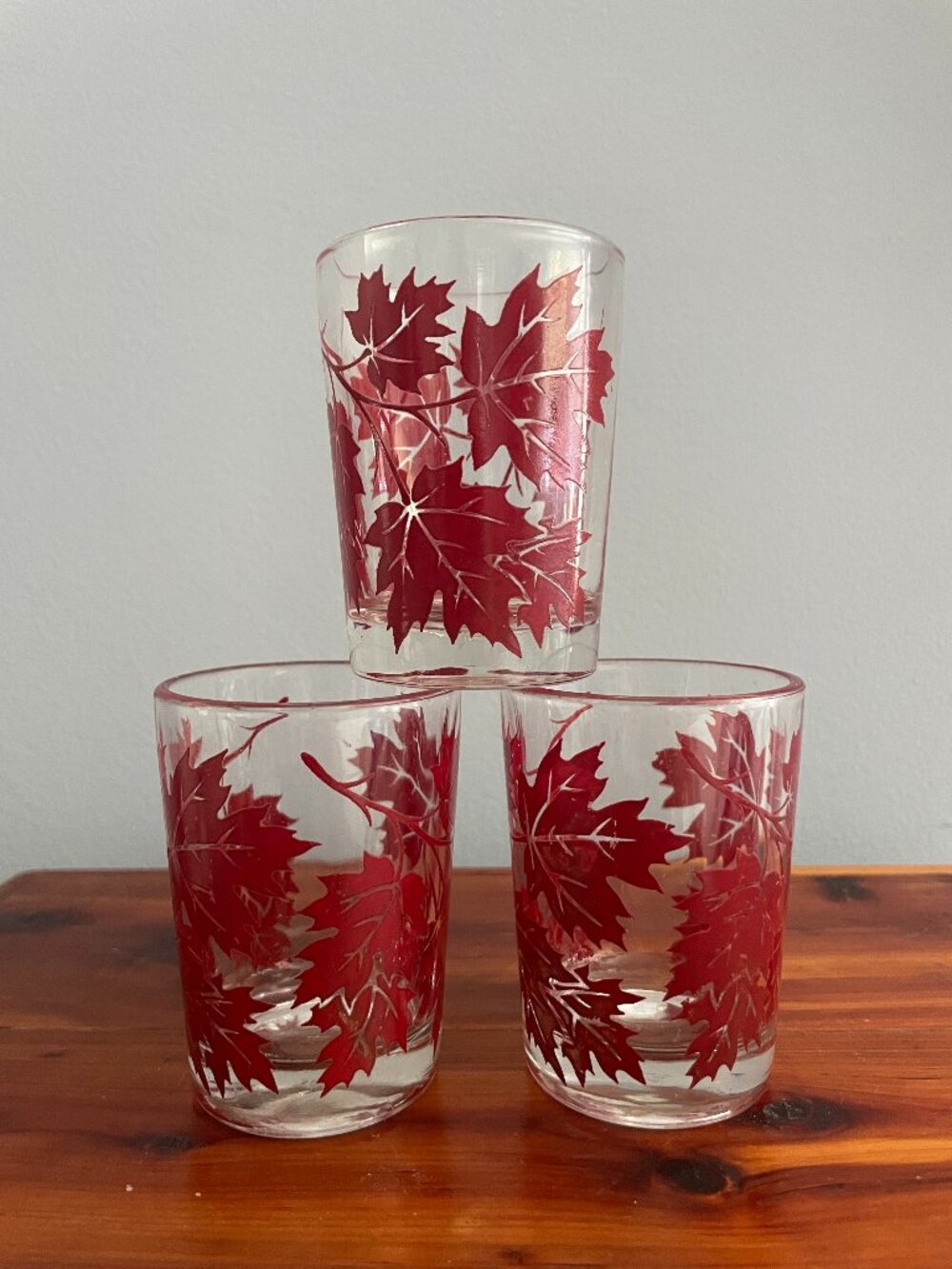 Hazel Atlas Red Maple Leaf Leaves Juice Cocktail Glass Set of 3 3" Tall